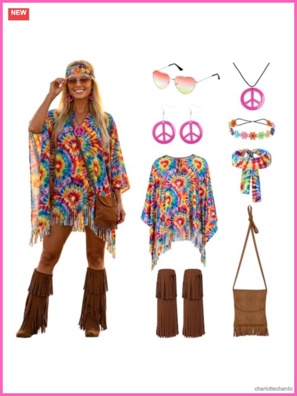 70s Hippie Costume Set Tie Dye Poncho Fringe Bag Sunglasses Retro Cosplay